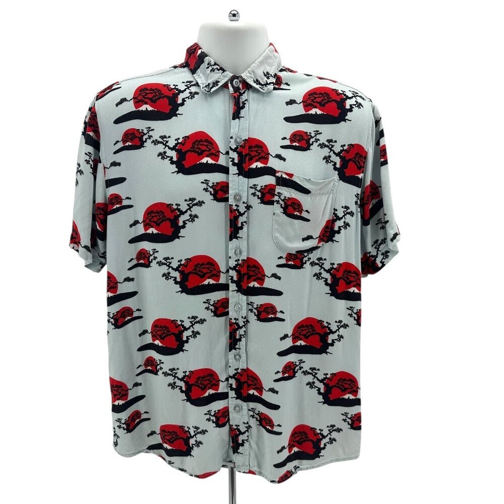 Super Massive Mens Medium Shirt Bonsai Tree Sunset Gray Red Button Relaxed Fit